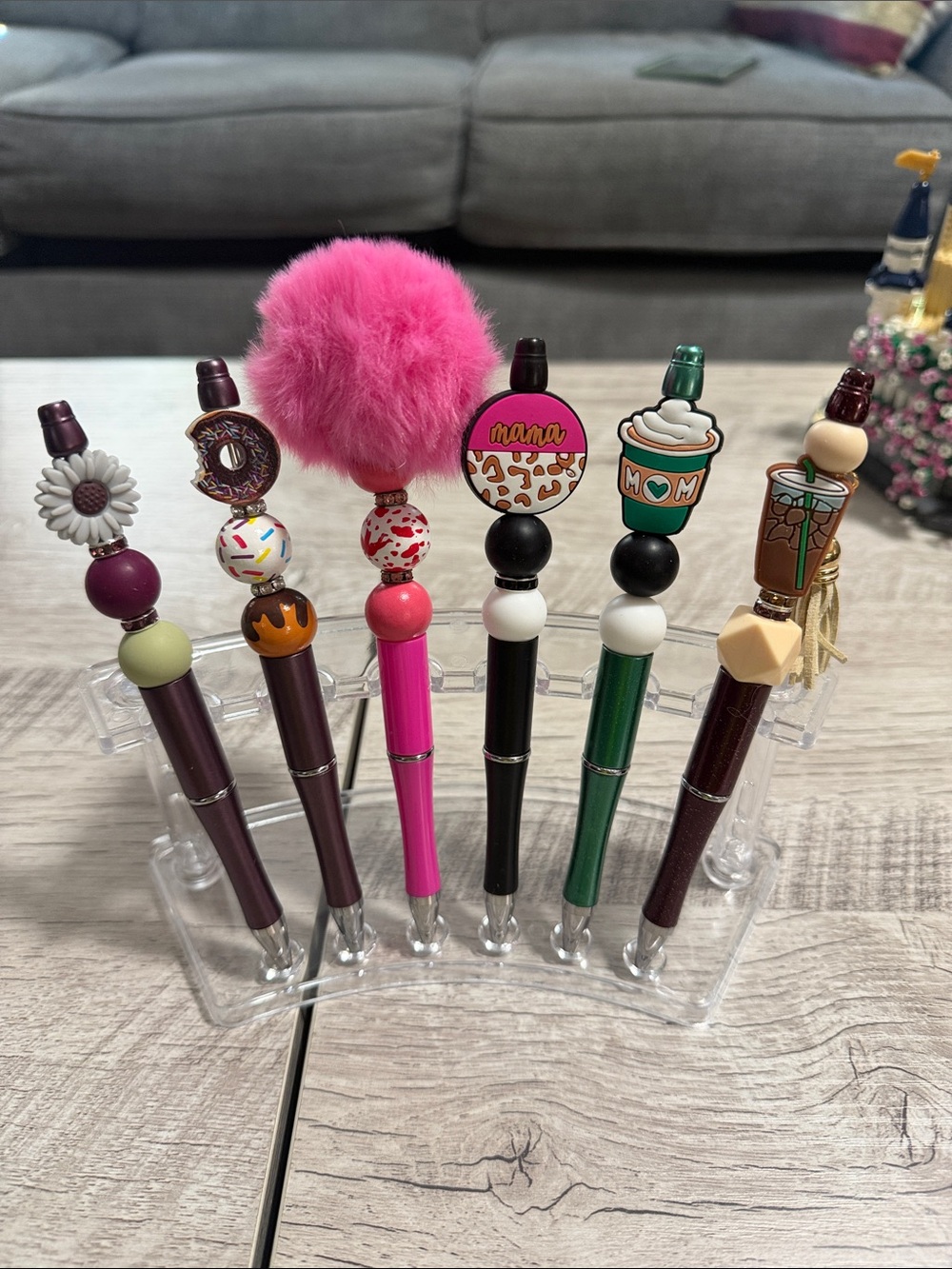 Decorative Pom Pom and Charms black ink Pen Set - Pink, Green, Black, Maroon
